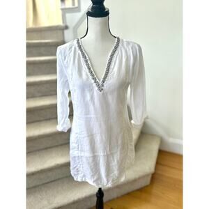 Malvin White Linen Clear Rhinestone Embellished Long Line Tunic Blouse